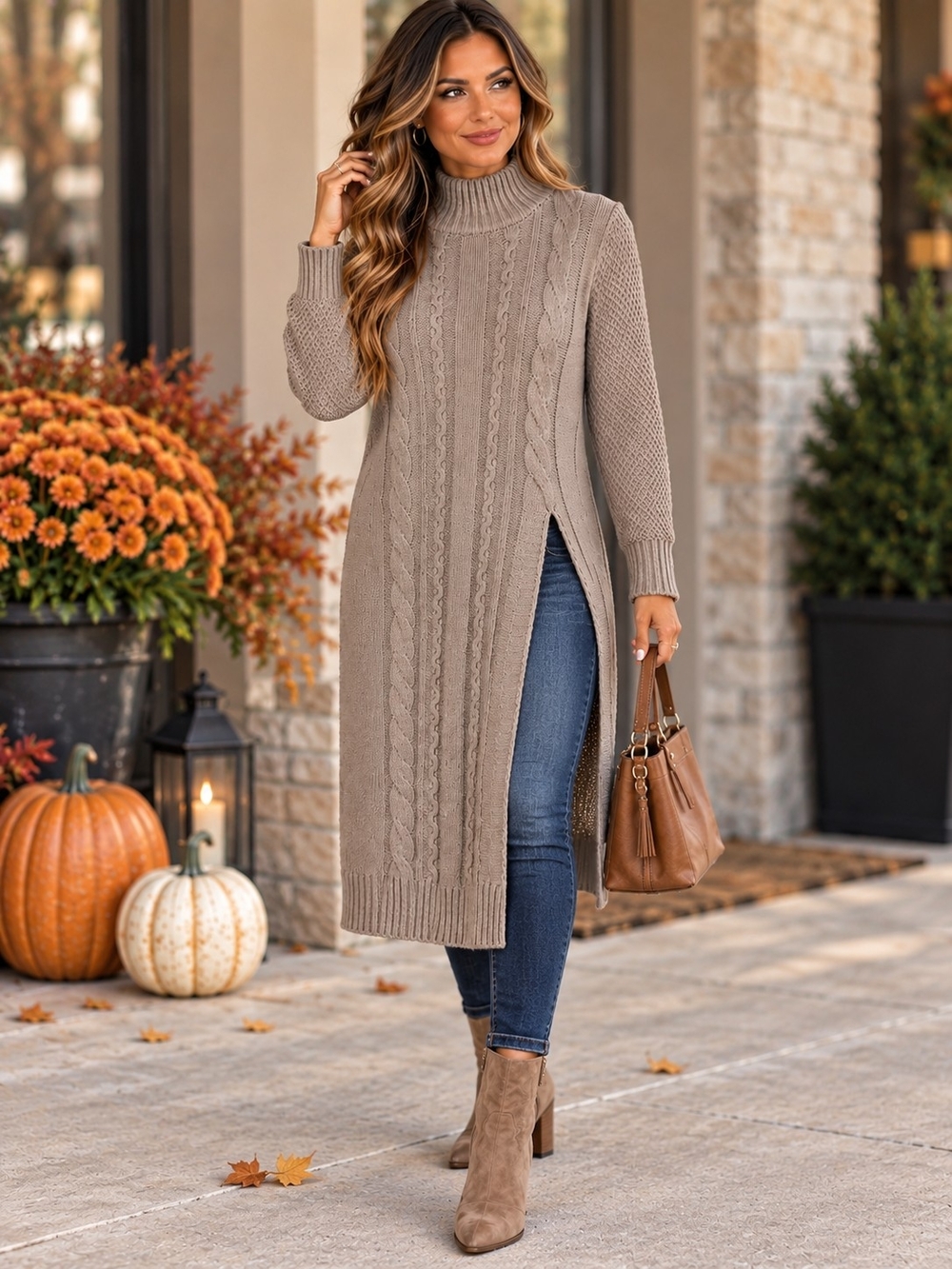 A207. SHEIN High Slit Cable Knit Sweater Dress Brown Large Like New